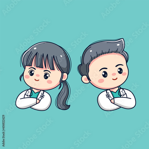 Cute male and female doctor kawaii chibi flat outlined character half body