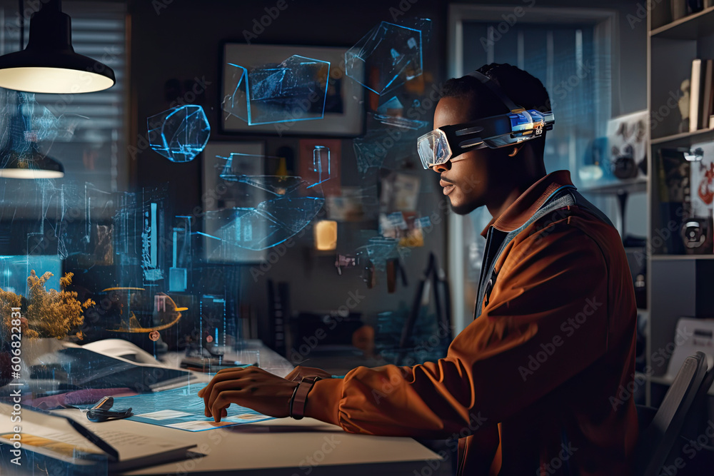A professional using a futuristic device or wearable technology, augmented reality glasses, while working in a tech-forward office environment. Generative AI