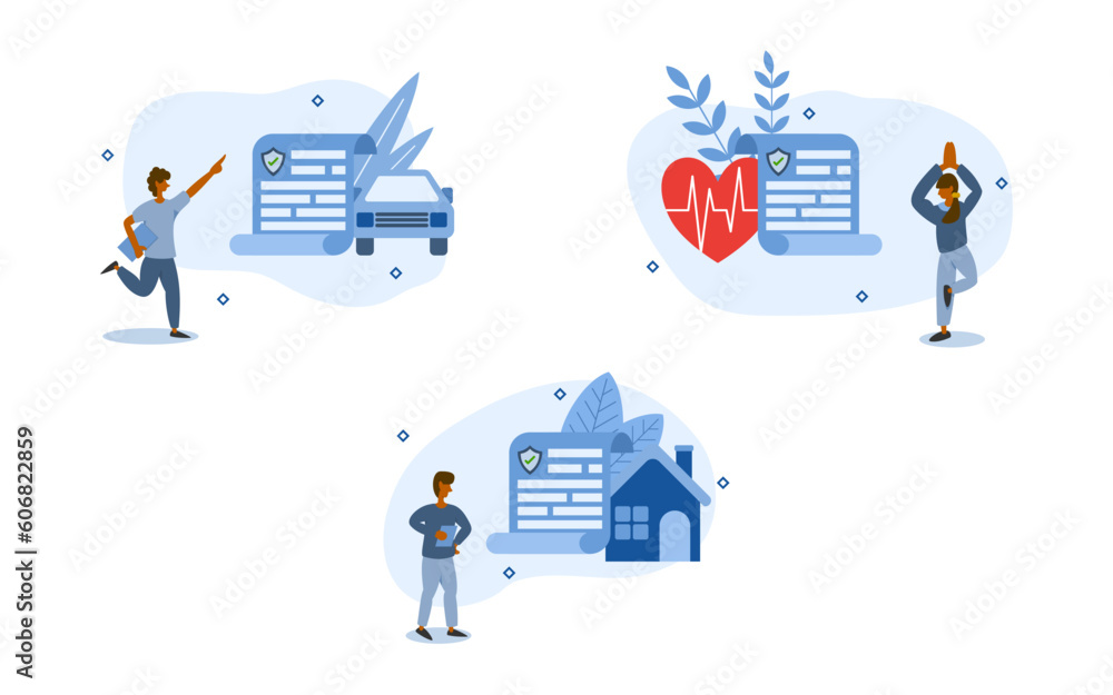 insurance illustration set. characters presenting car, house, and life insurance policies with risk coverage. insured person with property concept. vector illustration.