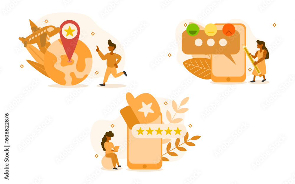 Naklejka premium travel review illustration set. characters giving reviews star point and satisfaction symbol with opinion for journey. review rating and journey experience concept. vector illustration.