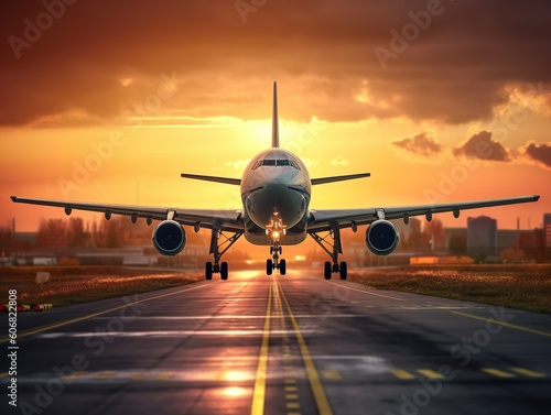 A large passenger plane aircraft lands on the runway at sunset. Generative Ai technology.