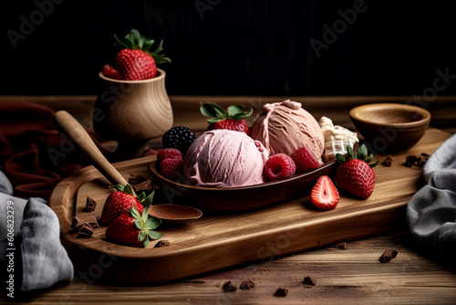 Ice cream with different flavors, different decorations, and berries. On a table with an unusual background. For gourmets. Dessert for the sweet tooth.