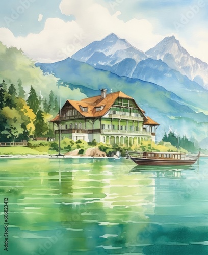 watercolor illustration of a house by a lake in the mountains Generative Ai