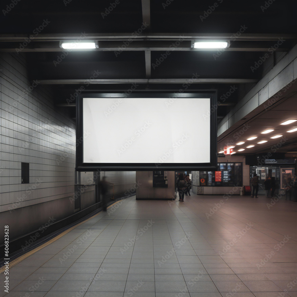 Front view billboard with a white screen in a subway station. Created with generative AI. Front view billboard with a white screen in a subway station. Created with generative AI.