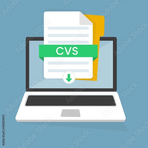 Pulsante Scarica CSV sullo schermo del laptop. Download del concetto di documento. File con etichetta CSV e segno freccia GIÙ. Illustrazione
