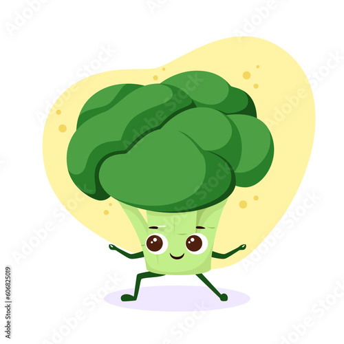 Funny broccoli does yoga. Cute vegetable. 