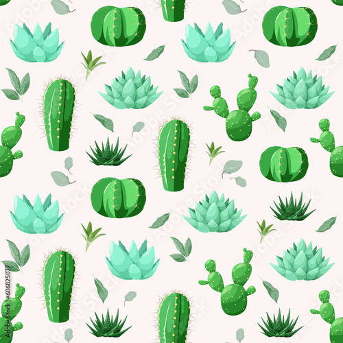 Seamless pattern with cacti and succulents. 