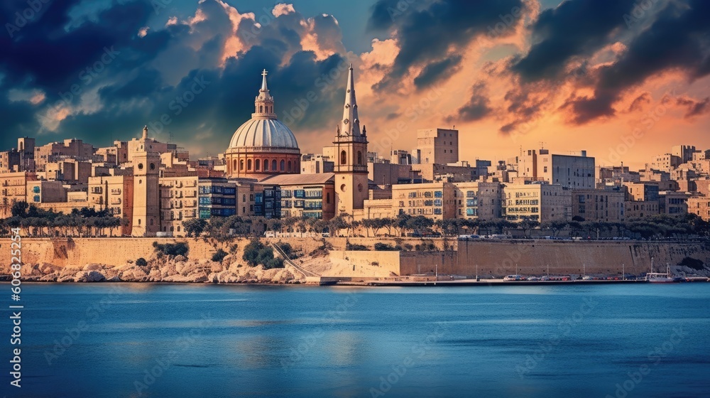 the cityscape of malta at sunset Generative Ai