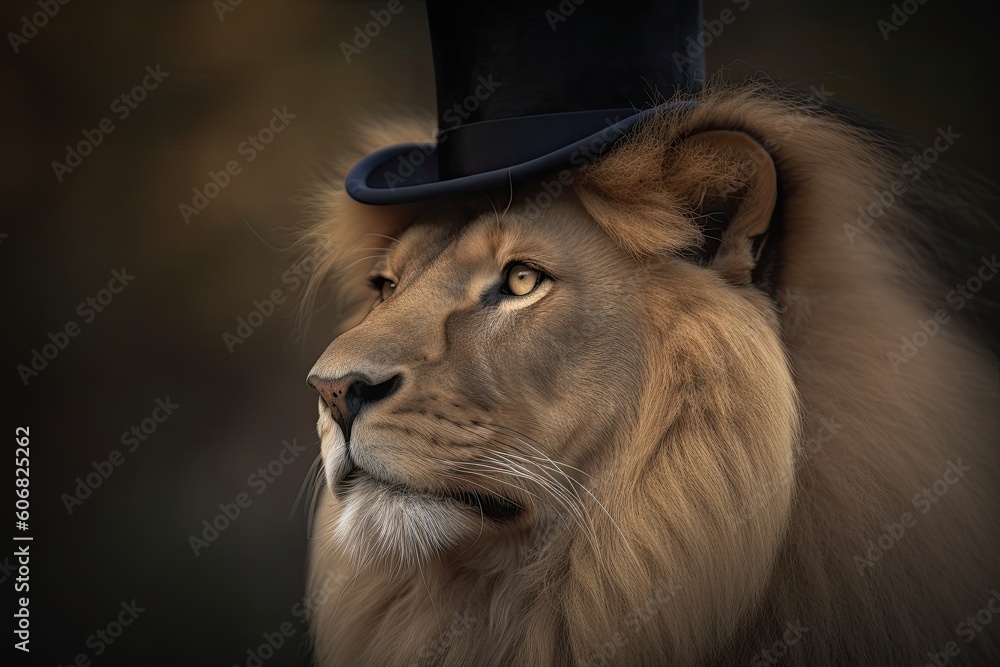 Φωτογραφία Majestic King of the Jungle in a Silk Hat: A Lion Wearing a Top Hat up Close: Ge