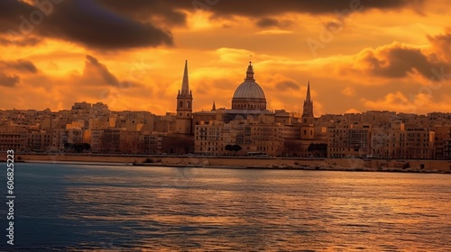 the cityscape of malta at sunset Generative Ai