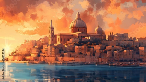 the cityscape of malta at sunset Generative Ai