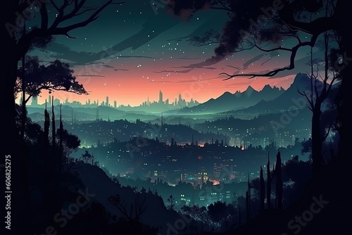 Spectacular Journey: A Magical, Night Scenery of Dramatic City Lights, Fantastic Forest & Vast Adventure Beyond. Generative AI