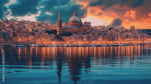 the cityscape of malta at sunset Generative Ai