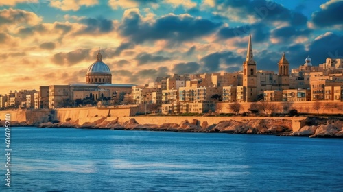 the cityscape of malta at sunset Generative Ai