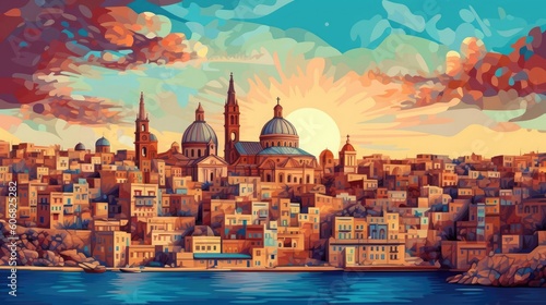 the cityscape of malta at sunset Generative Ai