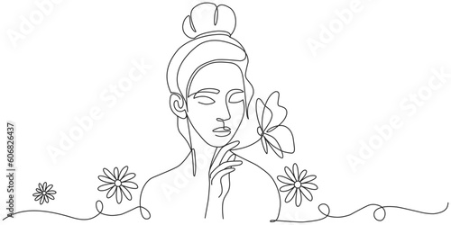 Women’s day line art style vector illustration. Line art vector illustration of girl with flowers and butterfly