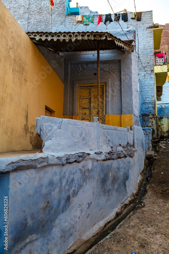 Facade of a blue house in Jodhpur, Rajasthan, India, Asia © jeeweevh