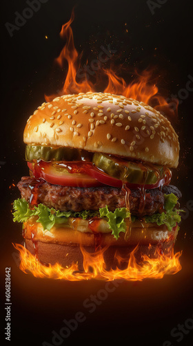 Burger burns marks on bread oil juicy chili sauce on black background. Generative AI illustrations