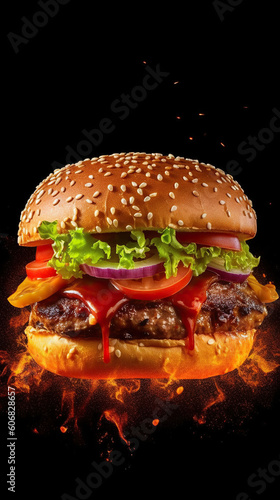 Burger burns marks on bread oil juicy chili sauce on black background. Generative AI illustrations