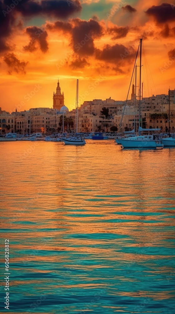 the sunset in this image depicts the city of valletta in malta Generative Ai
