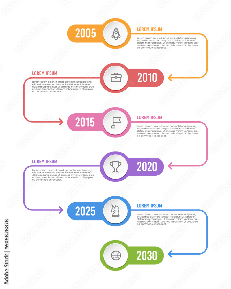 Timeline vertical infographics template 6 years to success. Milestone, Anniversary, Annual report. Vector illustration. Timeline vertical infographics template 6 years to success. Milestone, Anniversary, Annual report. Vector illustration.