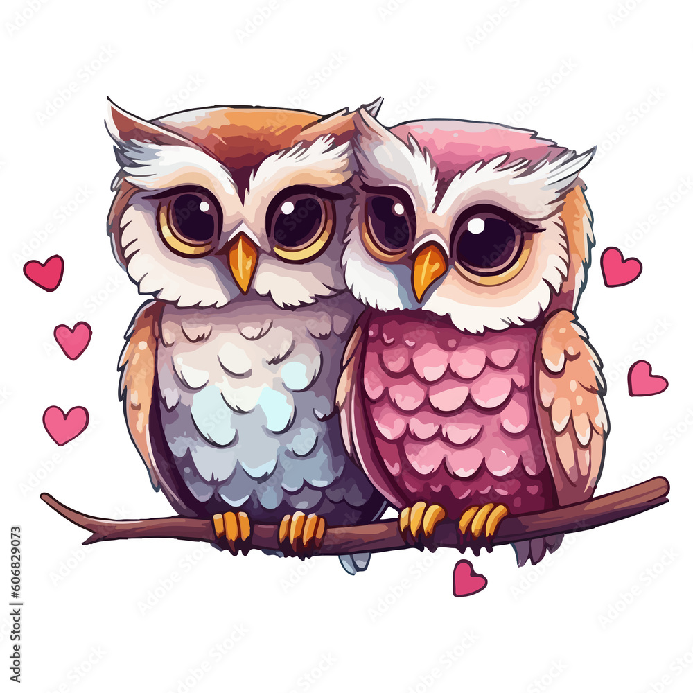 Cute owls in love modern pop art style, Colorful owls in love pastel cute colors Cute owls in love modern pop art style, Colorful owls in love pastel cute colors