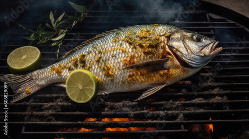 Grilled Dorada fish, sea bream with the addition of spices, herbs and lemon on the grill plate, top view