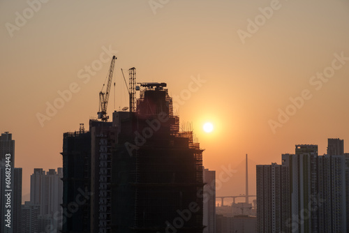The sunset in Kowloon  under the Garden Hill in Sham Shui Po  Hong Kong.