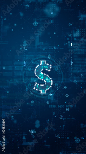 Blue digital money logo and futuristic circle HUD with big data processed on grid line background and technology ai icon screen abstract background crypto currency concepts