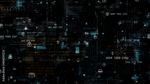 Blue data matrix simulation digital grid line and ai technology icon with futuristic HUD screen on black abstract background