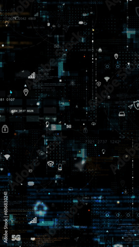 Blue data matrix simulation digital grid line and ai technology icon with futuristic HUD screen on black abstract background vertical video concept