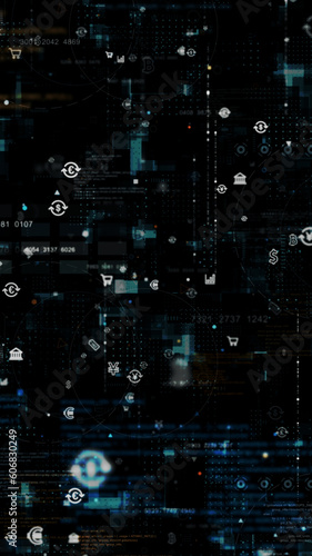 Blue money icon and data matrix simulation digital grid line with futuristic HUD screen on black abstract background technology and cryptocurrency concept vertical video concept