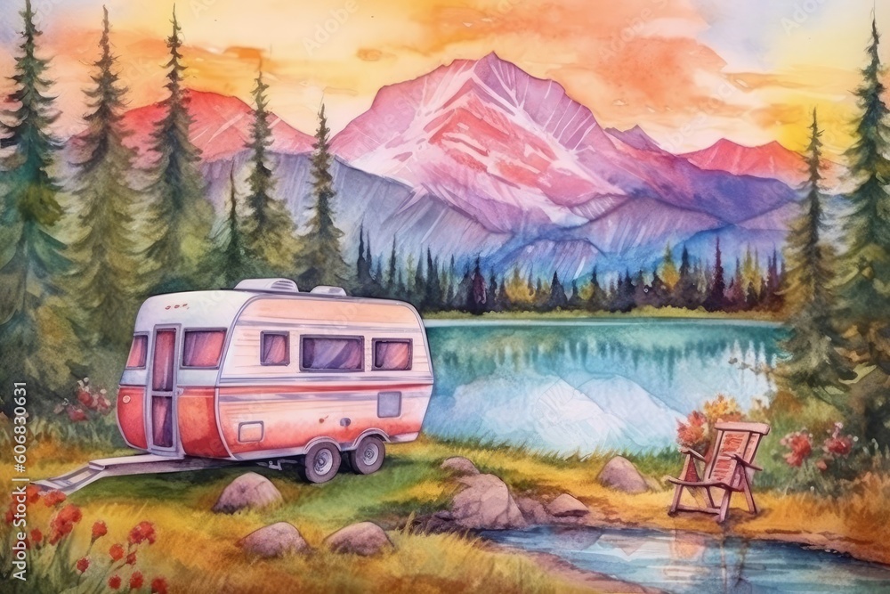 Camping in mountain lake with travel trailer. (Watercolor style, Generative AI)