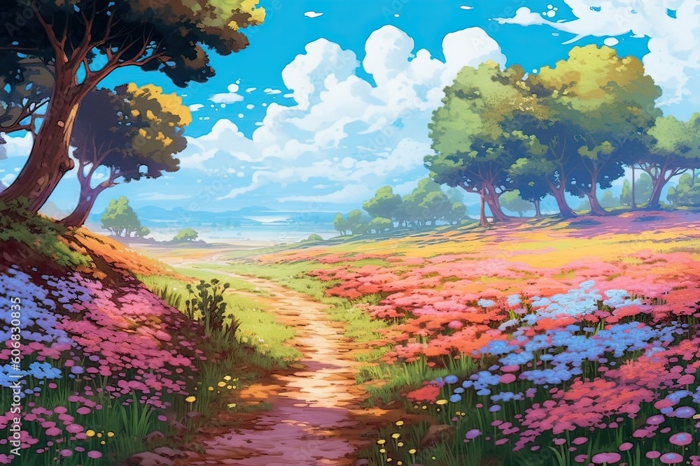 A path full of flowers watercolor illustration Generative AI 