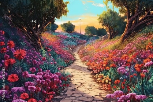 Fototapeta Naklejka Na Ścianę i Meble -  A path full of flowers watercolor illustration Generative AI 