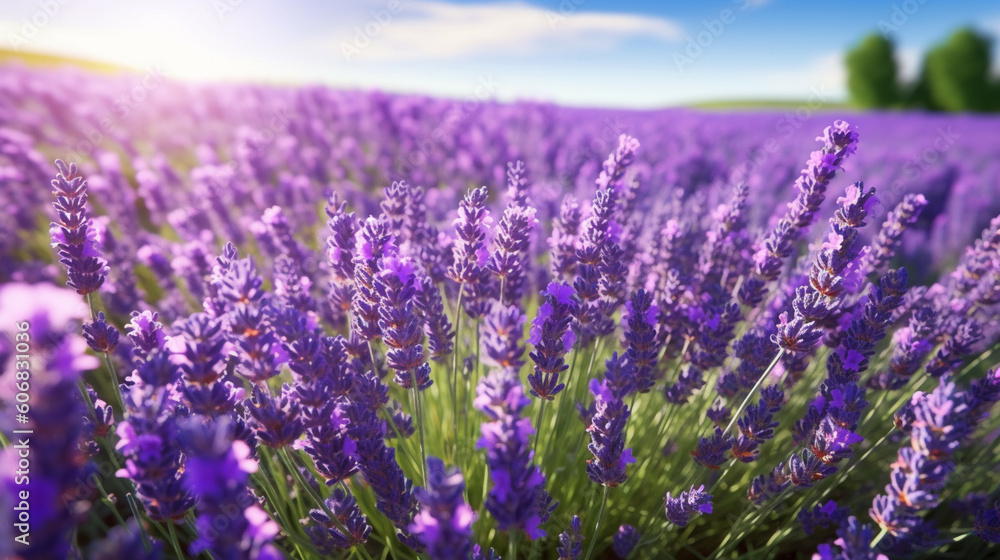 Fototapeta premium Lavender flowers blooming on lavender field background.