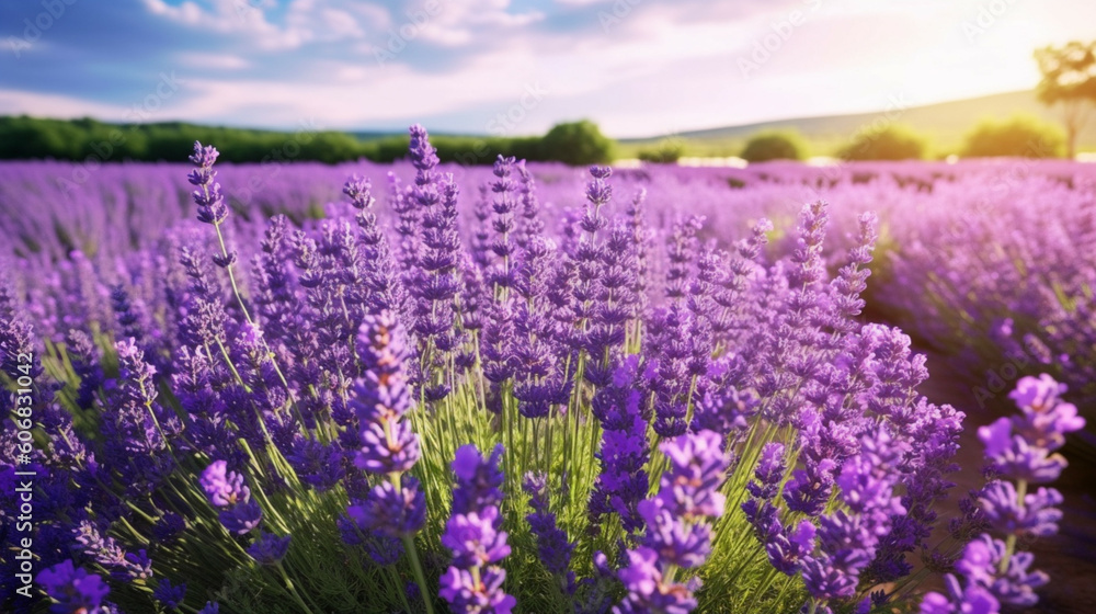 Fototapeta premium Lavender flowers blooming on lavender field background.