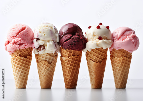 Variety of ice cream scoops in cones with chocolate, vanilla, blackberry, strawberry. generative ai