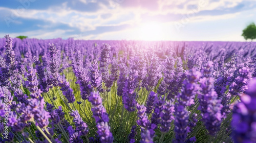 Lavender flowers blooming on lavender field background.