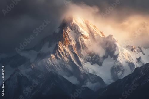 Majestic Peaks: Snow-Capped Mountain's Grandeur Through a Telephoto Lens