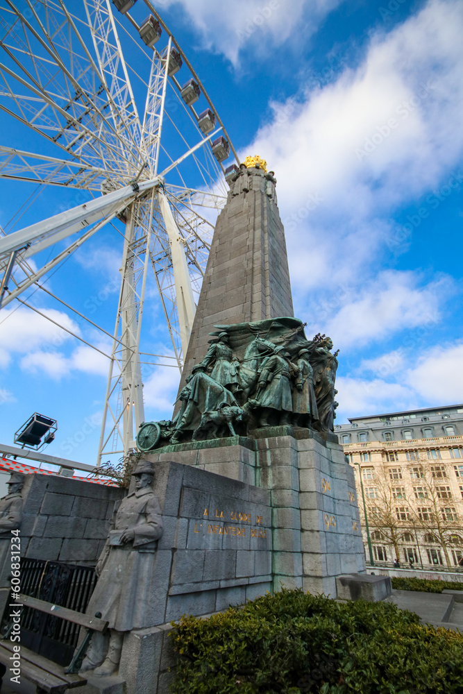 Fototapeta premium Brussels, Belgium, April 19, 2023. The Big Wheel, The View, rises to 55 meters, which adds up to a height of more than 100 meters on the Brussels panorama.