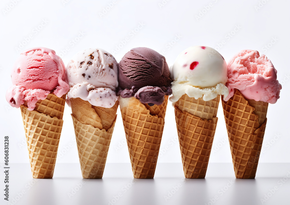 Variety of ice cream scoops in cones with chocolate, vanilla, blackberry, strawberry. generative ai Variety of ice cream scoops in cones with chocolate, vanilla, blackberry, strawberry. generative ai