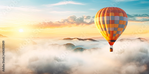 Air balloon floating through the clouds during sunrise. Generative AI
