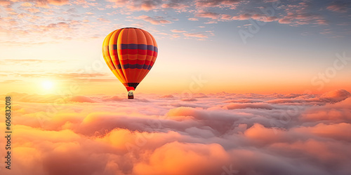 Air balloon floating through the clouds during sunrise. Generative AI © Александр Марченко