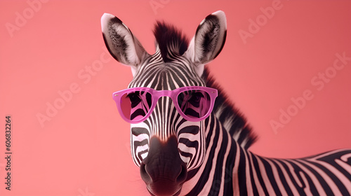 Zebra wearing pink sunglasses, isolated on pink background. Generative AI 