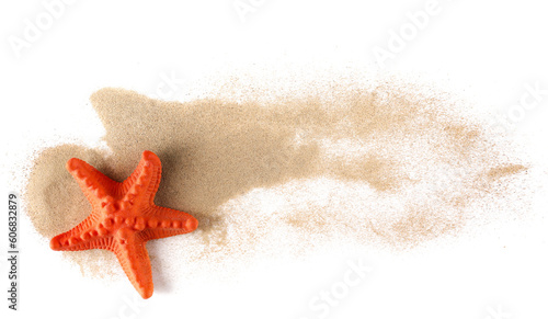 Plastic starfish in sand pile isolated on white, top view  