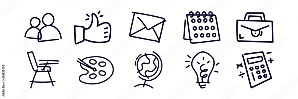 Doodle hand drawn icon elements. People, thumbs up, e-mail, calendar, suitcase bag, armchair, painting palette brush, globe, light bulb, calculator. Creative school college element illustration Doodle hand drawn icon elements. People, thumbs up, e-mail, calendar, suitcase bag, armchair, painting palette brush, globe, light bulb, calculator. Creative school college element illustration