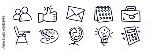 Doodle hand drawn icon elements. People, thumbs up, e-mail, calendar, suitcase bag, armchair, painting palette brush, globe, light bulb, calculator. Creative school college element illustration