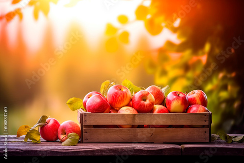 Apples in a wooden box on the table at sunset. Generative AI photo