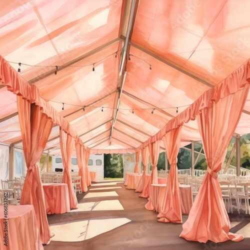 Watercolor tent set up in pink curtains Generative Ai